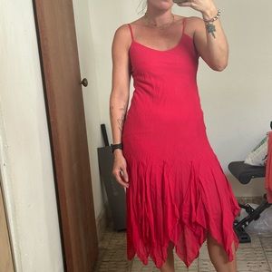 Vintage flirty Y2K red spaghetti strap mermaid pointed ruffle dress